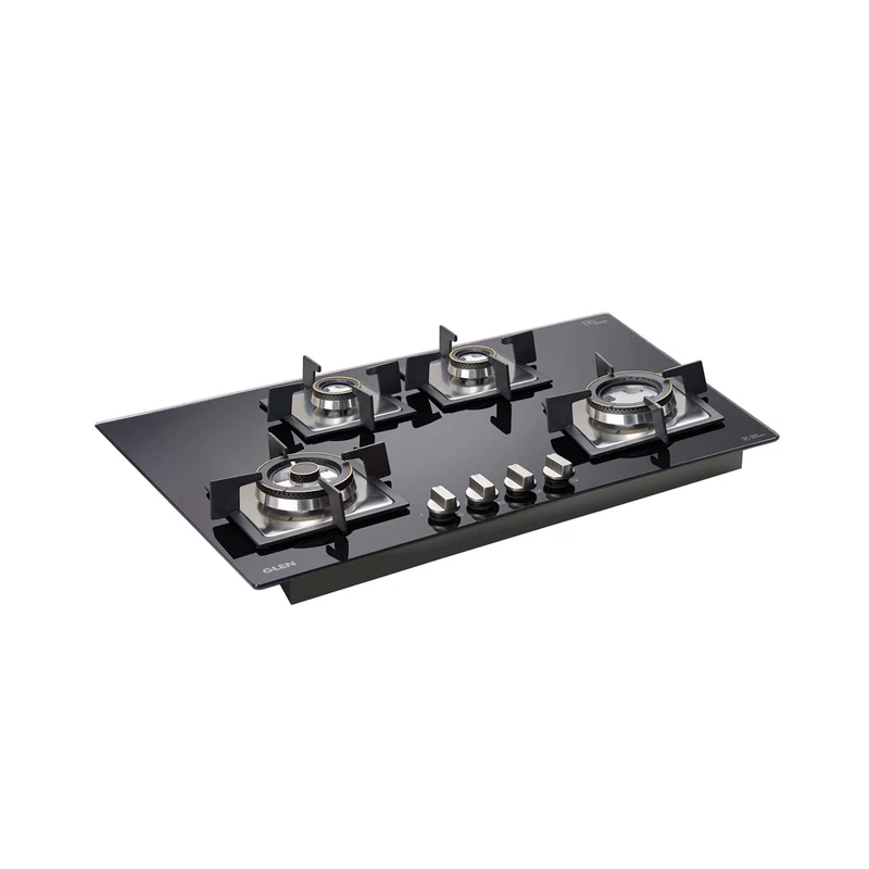 GLEN Built In Hob 1074 SQ HT DB TR 77cm - 4 Glass Gas Hob Top Triple Ring Burner Double Ring Forged Brass Burner Auto Ignition (1074 SQHTDBTR)