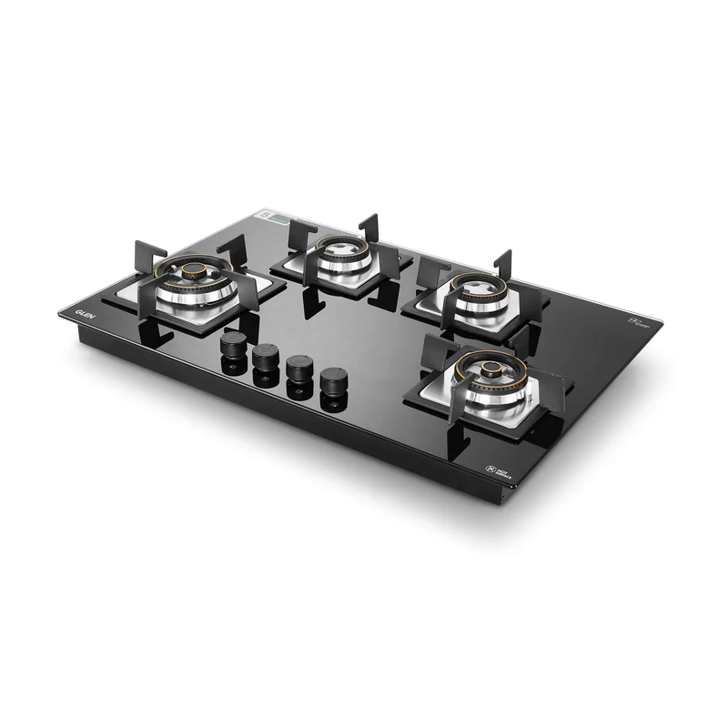 GLEN Built In Hob 1074 SQ HT DB 2TR 77cm - 4 Burner Glass Gas Hob Top Triple Ring Burners Double Ring Forged Brass Burner Auto Ignition (1074SQHT2TR)