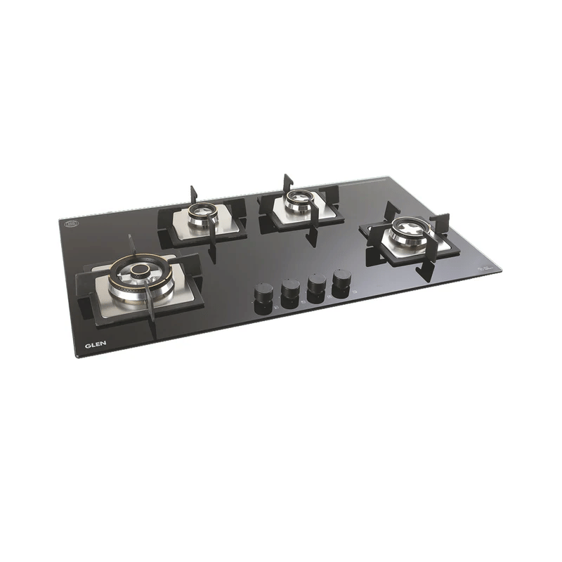 GLEN Built in Hob 1094 XL SQ Double Brass TR - 4 Burner Built-in Glass Gas Hob Triple Ring Double Ring Forged Brass Burner Auto Ignition (1094XL SQDBTR)