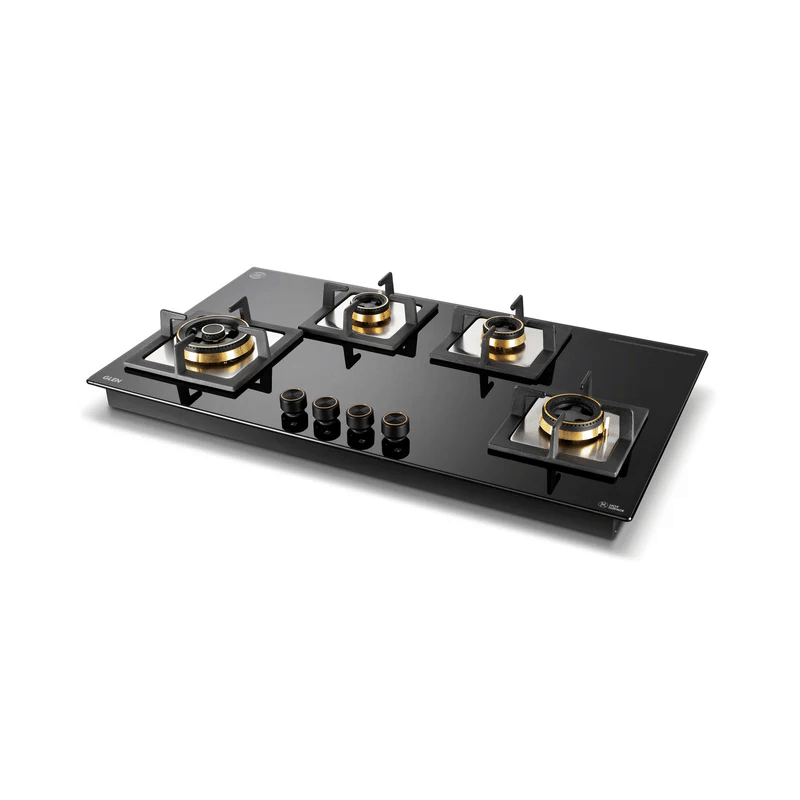 GLEN Built in Hob 1094 XL SQ HT Total DB TR - 4 Burner Glass Gas Hob Top with Triple Ring, Total Double Ring Brass Burner (1094XLCIHTTDBTR)