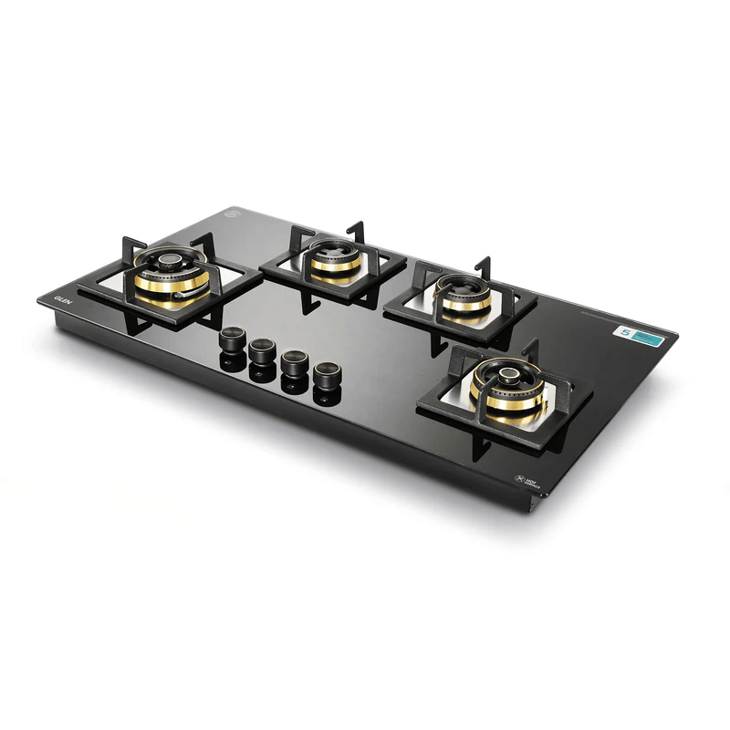 GLEN Built in Hob 1094 XL SQ HT Total DB 2TR - 4 Burner Glass Gas Hob Top with Triple Ring, Mini TR Total Double Ring Brass Burner (1094XLCIHTT2TR)