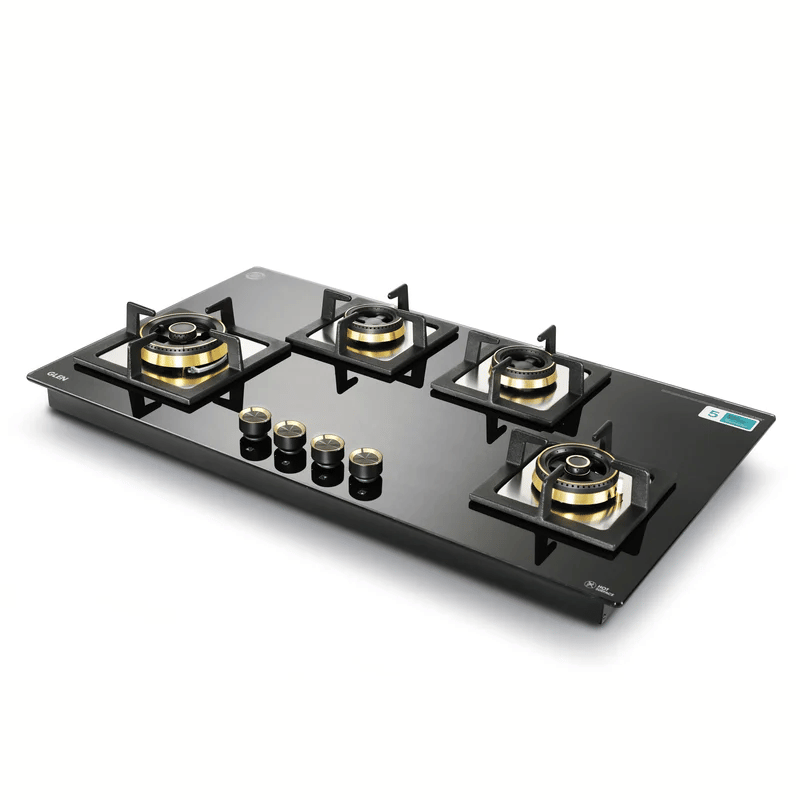 GLEN Built in Hob 1094 XL SQ HT TDB 2TR FFD - 4 Burner Glass Gas Hob Top with 2 Triple Ring, Total Double Ring Brass Burner with Flame Failure Device Auto Ignition (1094XLCIHTT2TRS)