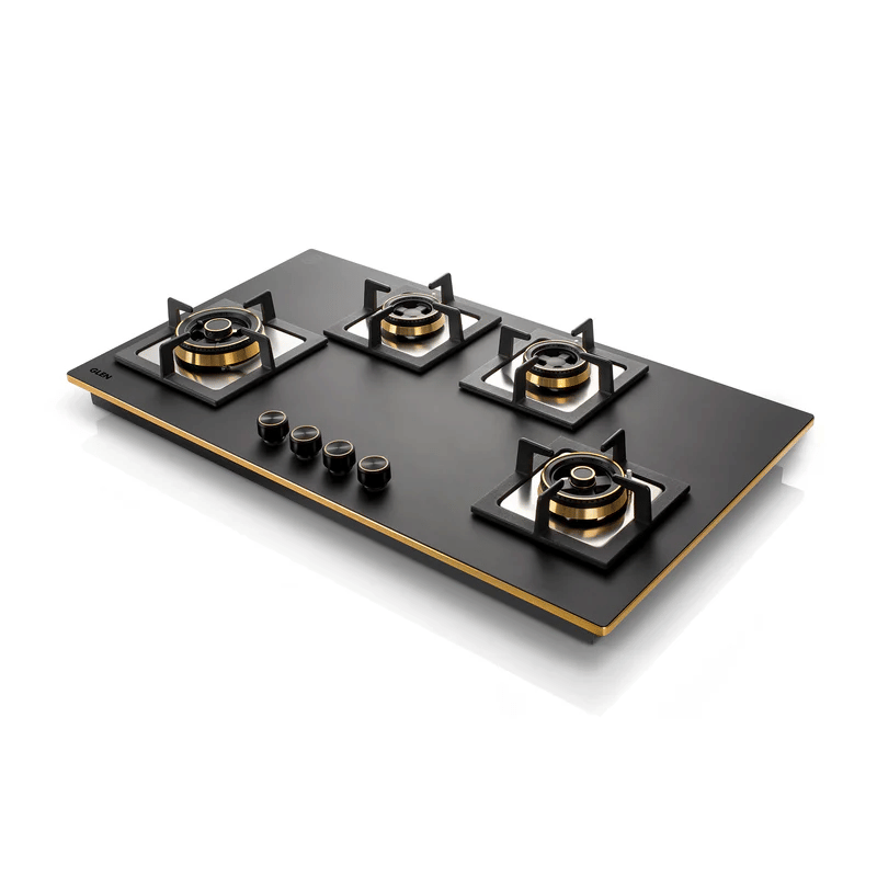 GLEN Built in Hob 1094 XL SQ HT TDB 2TR MG - 4 Burner Glass Gas Hob Top with Triple Ring, Total Double Ring Brass Burner (1094XLCIHTT2TRMG)