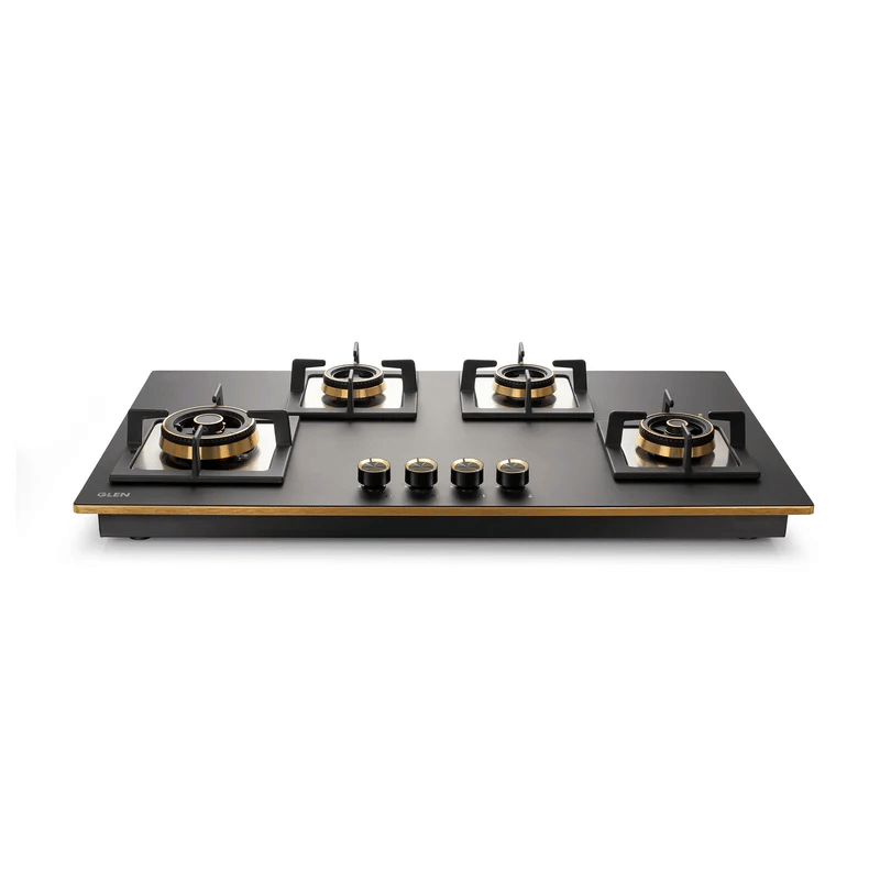 GLEN Built in Hob 1094 XL SQ HT TDB 2TRMG FFD - 4 Burner Glass Gas Hob Top with Triple Ring Burner Total Double Ring Brass Burner with Flame Failure Device Auto Ignition