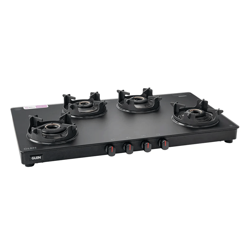 GLEN 4 Burner Slim Matt Glass Gas Stove with High Flame Brass Burner and Crown Pan Supports - Manual/Auto Ignition (CT1044SLCPBLMG)