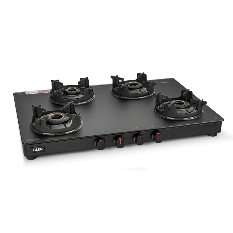 GLEN LPG Stove 1048 SLIM CP BL AI BB MG - 4 Burner Matt Finish Glass Gas Stove with High Flame Brass Burner, Crown Pan Supports - Manual/Auto Ignition (CT1048SLCPBLMG)