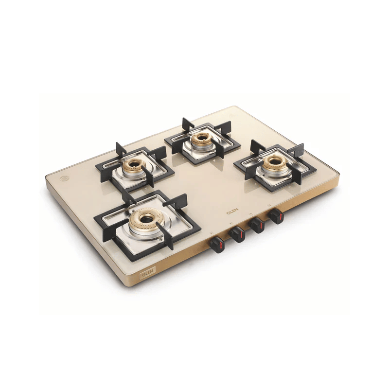 GLEN LPG Stove 1047 Ultra Slim Apricot - 4 Burner Ultra Slim Apricot Glass Gas Stove 1 High Flame 3 Forged Brass Burner - Manual / Auto Ignition (CT1047US)