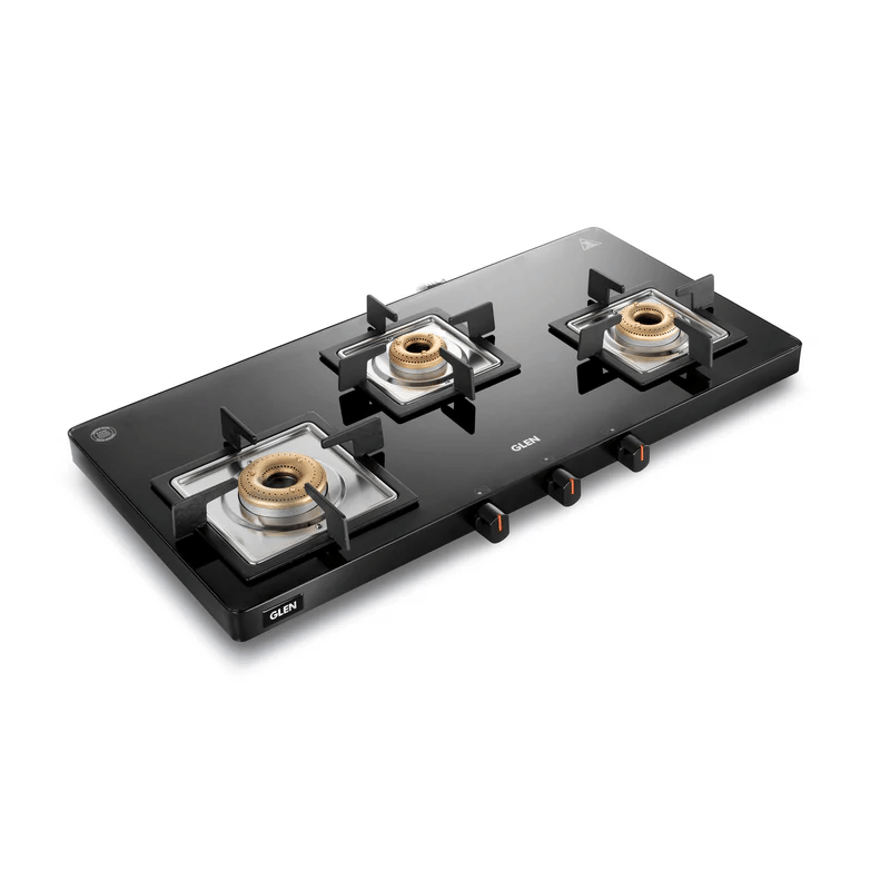 GLEN LPG Stove 1035 Ultra Slim Black - 3 Burner Ultra Slim Glass PNG Gas Stove with High Flame Forged Brass Burner - Manual/Auto Ignition (CT1035USBL)