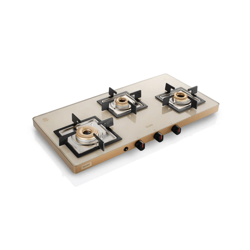 GLEN LPG Stove 1035 Ultra Slim Apricot - 3 Burner Ultra Slim Apricot Glass Gas Stove with High Flame Forged Brass Burner - Manual / Auto Ignition (CT1035US)