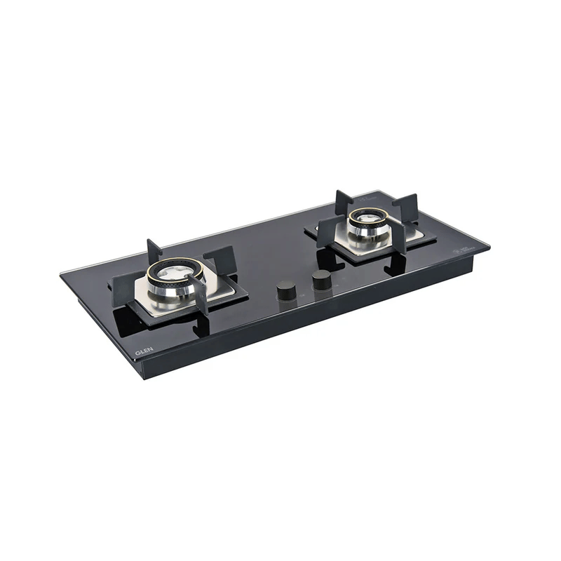 GLEN Built In Hob 1022 SQ HT Double Brass - 2 Burner Glass Hob Top with Double Ring Forged Brass Burners Auto Ignition (1022 SQ HT DB)