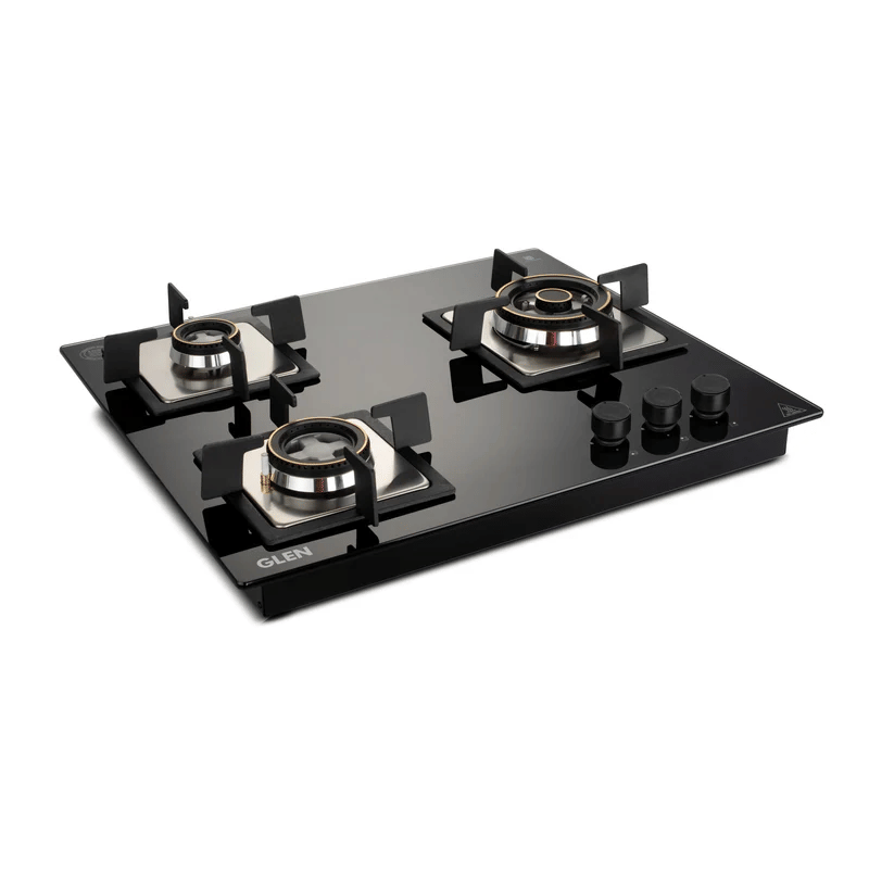 GLEN Built In Hob 1063 SQ HT DB TR - 3 Burner Glass Hob Top with Triple Ring Burner Double Ring Forged Brass Burners Auto Ignition (1063 SQ HT DB TR)
