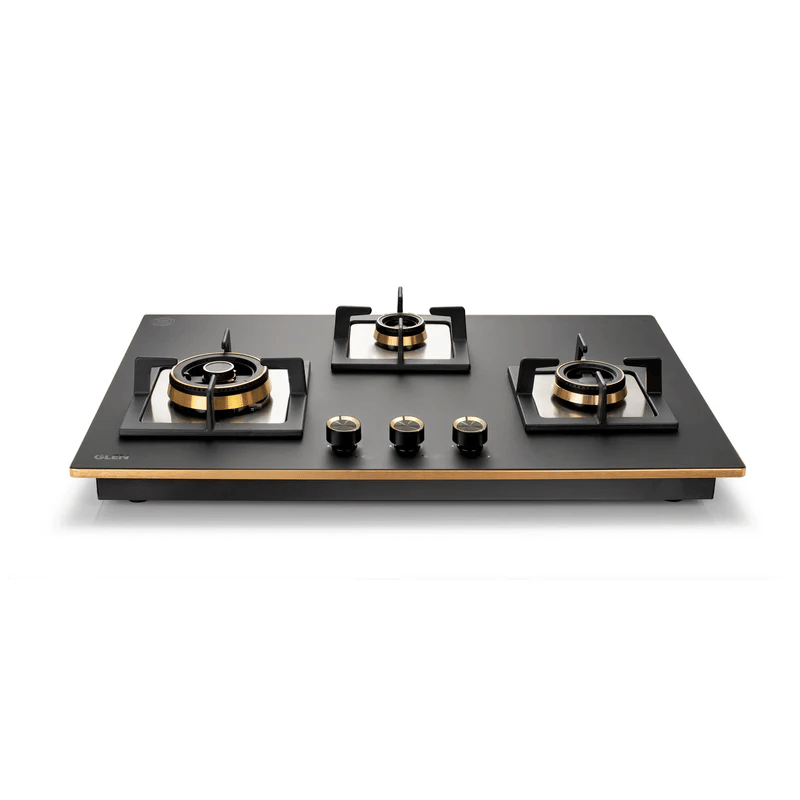 GLEN Built In Hob 1073 XL SQ HT TDB TR MG77 - 3 Burner Glass Hob Top Triple Ring Burner Total Brass Burners Auto Ignition (1073XLCIHTTTRMG)