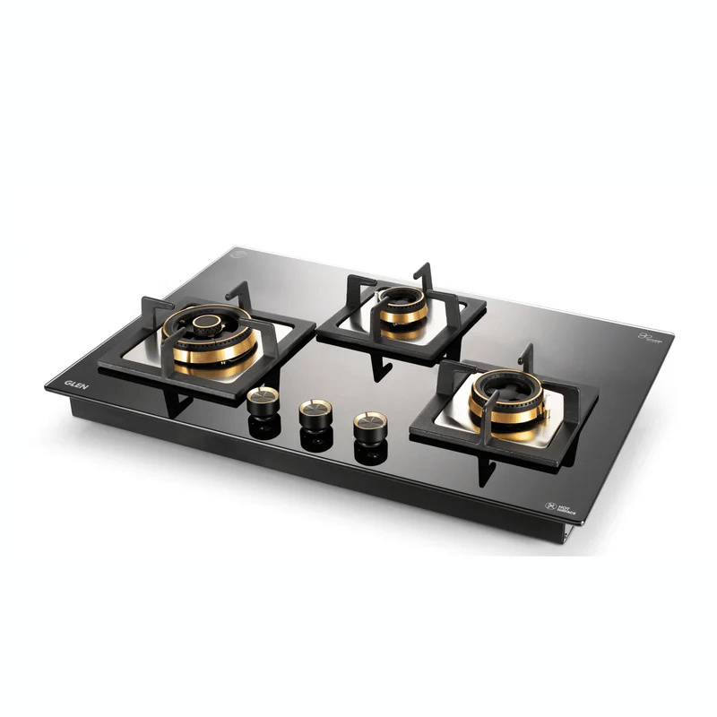 GLEN Built In Hob 1073 XLSQ HT TDB TR 77 FFD - 3 Burner Extra Large Glass Gas Hob Top with Triple Ring, Total Double Ring Brass Burner with Flame Failure Device Auto Ignition (1073XLCIHTTDBS)