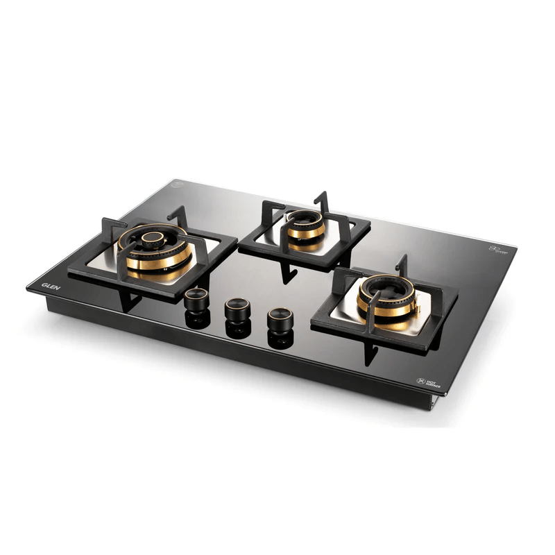 GLEN Built In Hob 1073 XLSQ HT TDB TR BL77 - 3 Burner Extra Large Glass Gas Hob Top with Triple Ring, Total Double Ring Brass Burner (1073XLCIHTTDBBL)