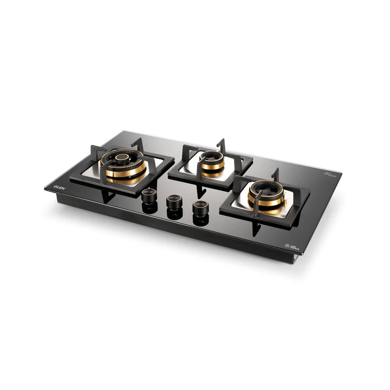 GLEN Built In Hob 1073 SQ HT Total DB TR - 3 Burner Glass Gas Hob Top with Triple Ring, Total Double Ring Brass Burner (1073CIHTTDBTR)