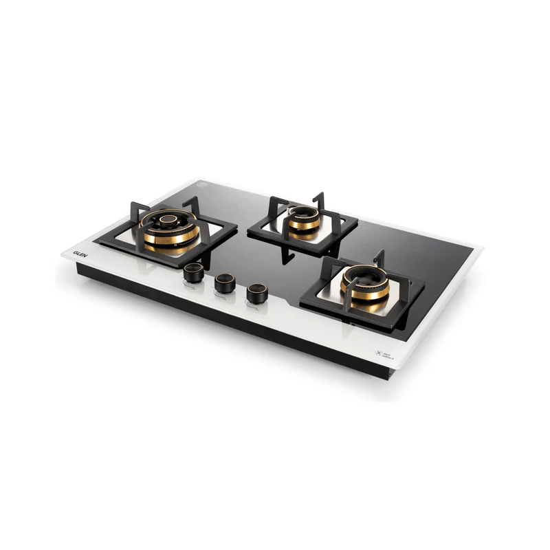 GLEN Built In Hob 1073 XLSQ HT TDB TR BW77 - 3 Burner Black and White Glass Gas Hob Top with Triple Ring, Total Double Ring Brass Burner (BH1073XLCIHTTDBBW)