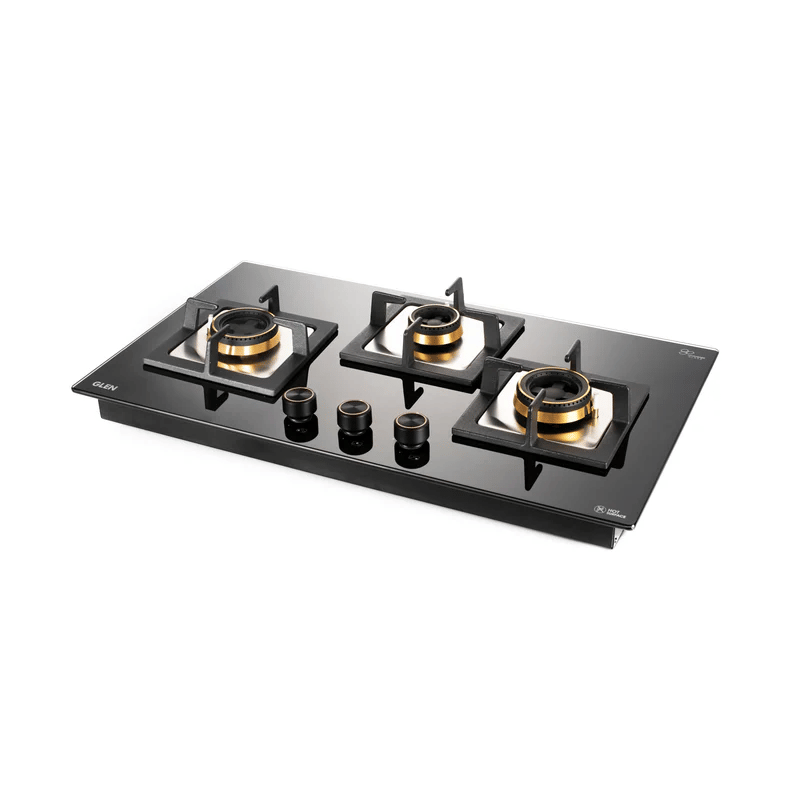 GLEN Built in Hob 1073 SQ HT Total DB - 3 Burner Glass Gas Hob Top with Total Double Ring Brass Burner (BH1073SQHTTDB)