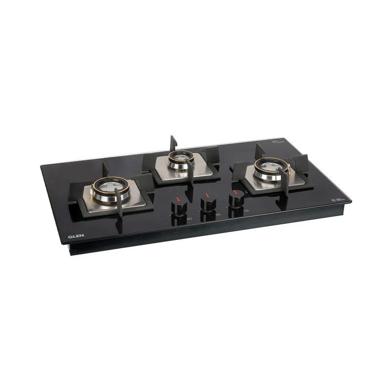 GLEN Built in HobTop 1073 SQ HT DB FFD - 3 Burner Glass Hob Top Forged Brass Burners with Flame Failure Device Auto Ignition (1073 SQ HT DB FFD)