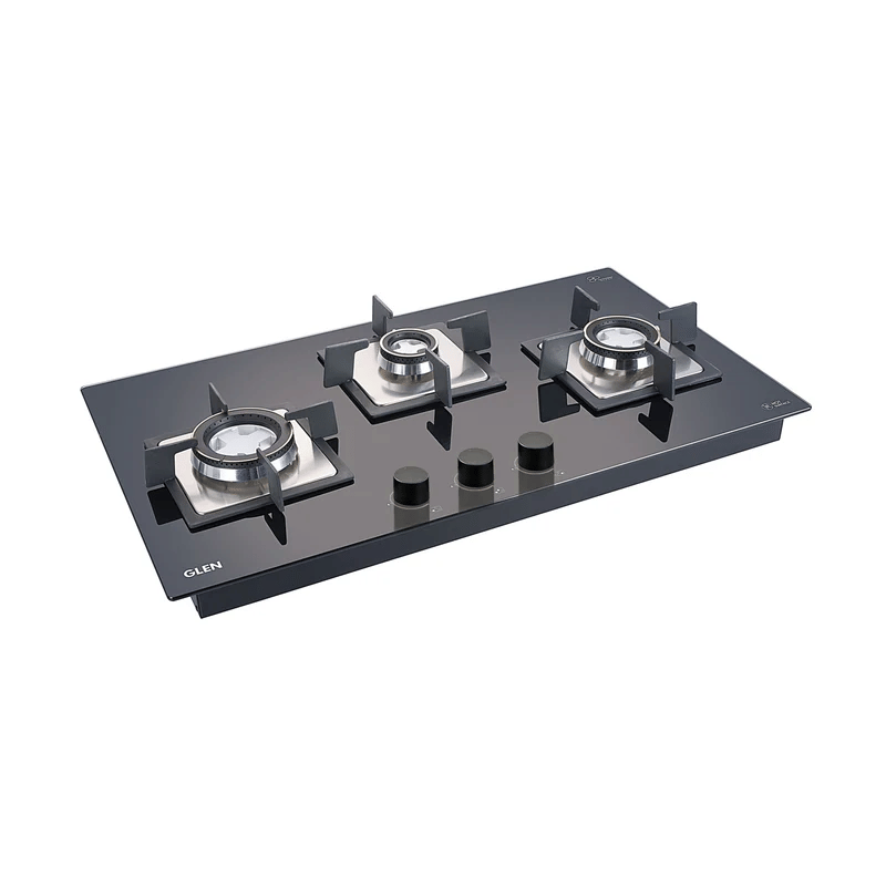 GLEN Built in Hob 1073 SQ HT Double Brass - 3 Burner Glass Hob Top with Double Ring Forged Brass Burners Auto Ignition (1073 SQ HT DB)