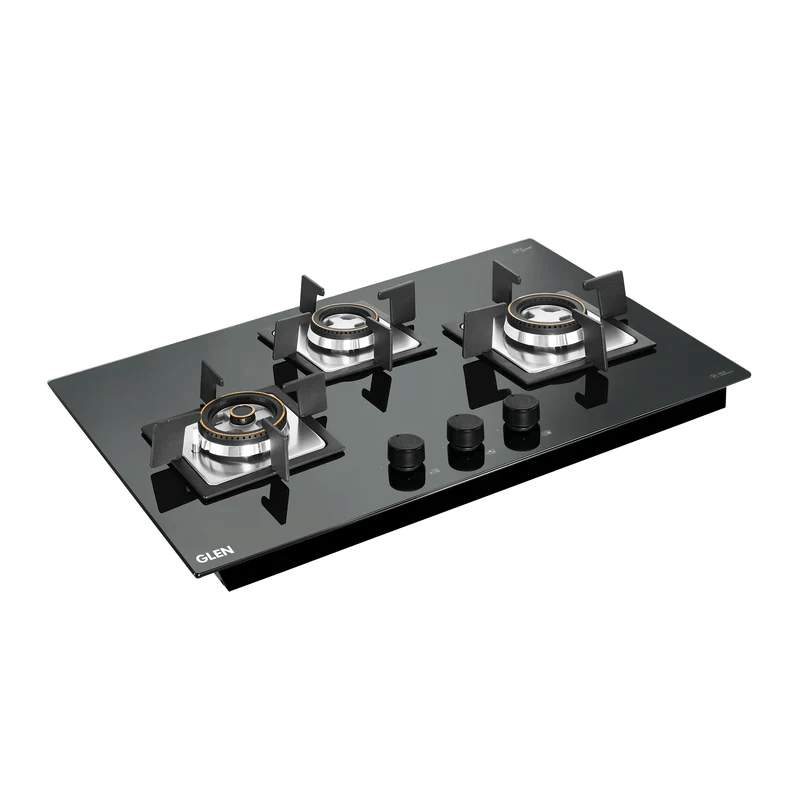 GLEN Built in Hob 1073 SQ HT DB Mini TR - 3 Burner Glass Hob Top Mini Triple Ring Burner Double Ring Forged Brass Burners Auto Ignition (1073SQHTMTR)