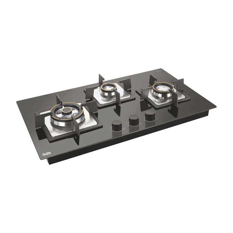 GLEN Built In Hob 1073 SQ HT Double Brass TR - 3 Burner Glass Hob Top Triple Ring Burner Double Ring Forged Brass Burners Auto Ignition (1073 SQHTDBTR)