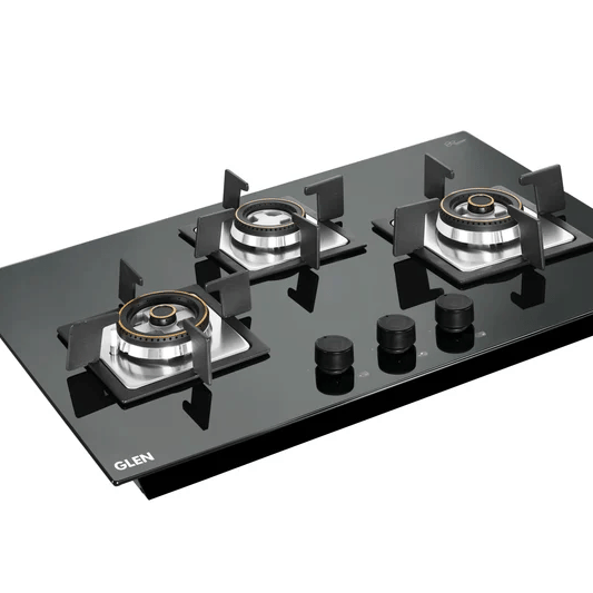 GLEN Built In Hob 1073 XLSQ HT DB 2MTR BL77 - 3 Burner Glass Hob Top with Two Mini Triple Ring Burner & 1 Small Double Ring Forged Brass Burners Auto Ignition (BH1073XLHTDB2MTR)