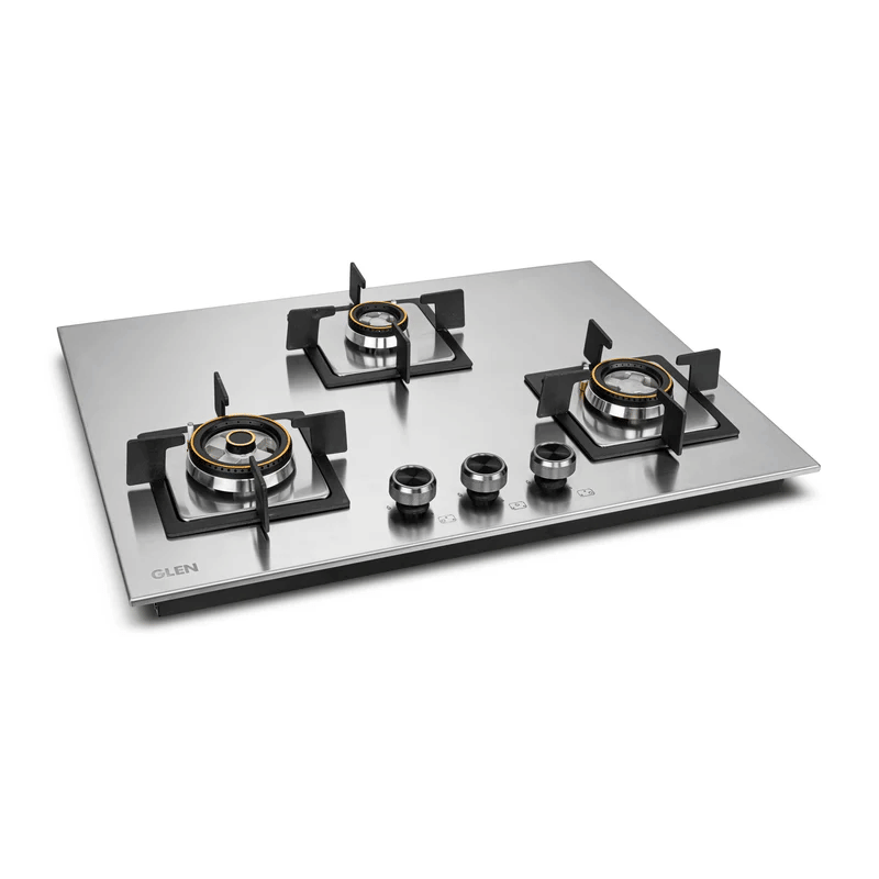 GLEN Built in Hob 1073 SQ HT SS DB MTR 70 - 3 Burner Stainless Steel Hob Top Mini Triple Ring, Double Ring Forged Brass Burners Auto Ignition (BH1073SQHTSSDBMT70)