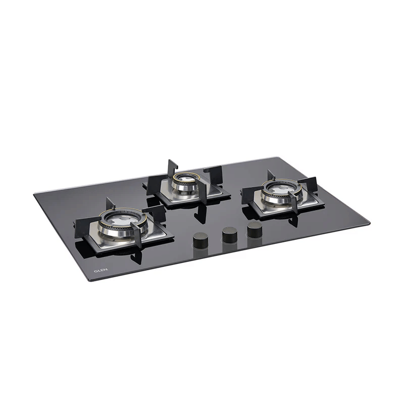 GLEN Built In Hob 1073 SQ Double Brass - 3 Burner Built In Glass Hob with Double Ring Forged Brass Burners Auto Ignition (1073 SQ DB)