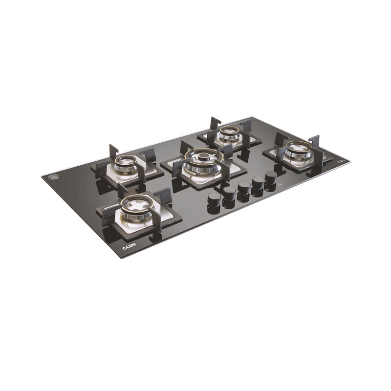 GLEN Built in Hob 1095 SQ Double Brass TR - 5 Burner Built-in Glass Gas Hob Triple Ring Burner Double Ring Forged Brass Burner Auto Ignition (1095 SQDBTR)