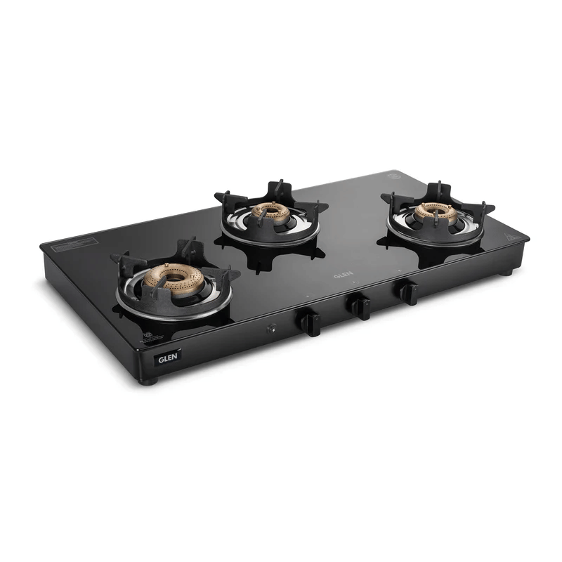 LPG Stove 1038 GT BB BL HF CPS / AI - 3 Burner Glass Gas Stove with High Flame Brass Burner and Crown Pan Supports (CT1038GTBBBLHFCP) - Manual/Auto Ignition