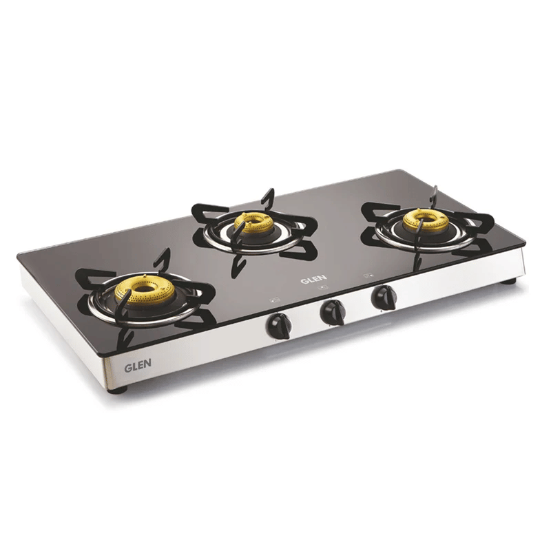 GLEN LPG Stove 1038 GT Forged Brass Br DD - 3 Burner Glass Gas Stove with High Flame Forged Brass Burner Double Drip Tray (CT1038GTFB) - Manual/Auto Ignition