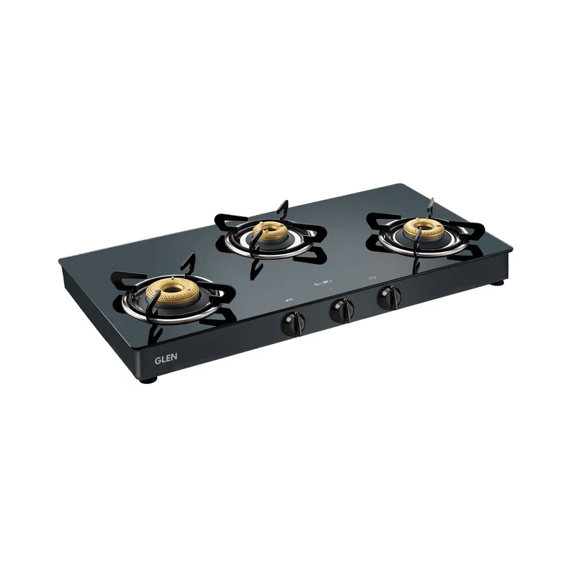 GLEN LPG Stove 1038 GT Forged Brass Br DD - 3 Burner Glass Gas Stove with High Flame Forged Brass Burner Double Drip Tray Black (CT1038GTFBDDBL) - Manual/Auto Ignition
