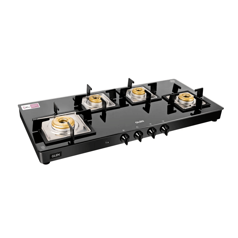 GLEN LPG Stove 1049 SQ GT AI Forged BB - 4 Burner Glass Gas Stove Extra Wide 1 High Flame 3 Forged Brass Burner Auto Ignition (CT1049SQGTFBAI)