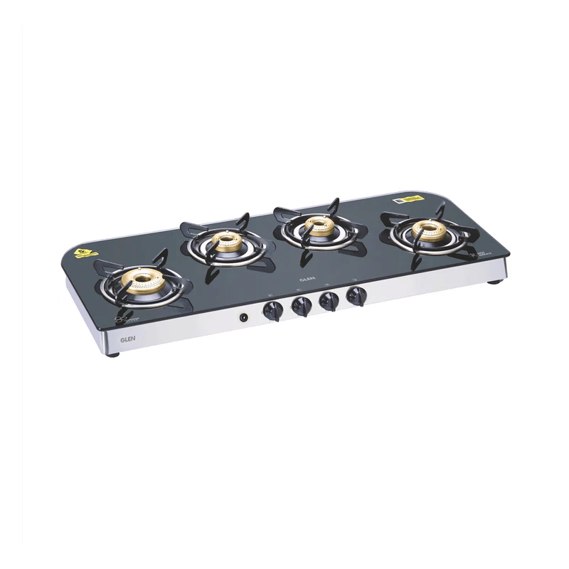 GLEN LPG Stove 1049 GT AI Forged Brass Burner - 4 Burner Glass Gas Stove Extra Wide 1 High Flame 3 Forged Brass Burner Auto Ignition (CT1049GTFBAI)