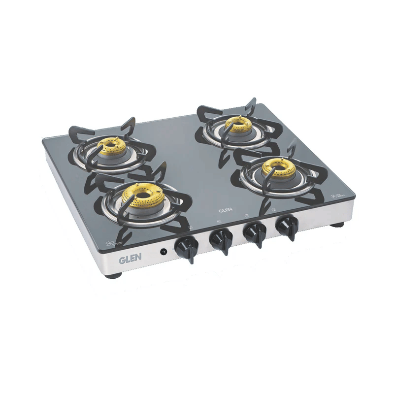 GLEN LPG Stove 1042 GT AI Forged Brass Burner - 4 Burner Glass Gas Stove 1 High Flame 3 Forged Brass Burners 60 CM (CT1042GTFB) - Manual/Auto Ignition