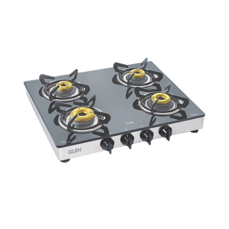 GLEN LPG Stove 1042 GT Forged Brass Burner - 4 Burner Glass Gas Stove 1 High Flame 3 Forged Brass Burners 60 CM (CT1042GTFB) - Manual/Auto Ignition
