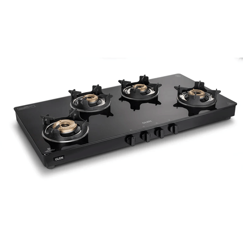 GLEN LPG Stove 1044 GT BB BL HF CPS 4 Burner Glass Gas Stove with High Flame Brass Burner and Crown Pan Supports (CT1044GTBBBLHFCP) - Manual/Auto Ignition