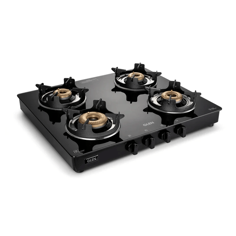 GLEN 1042 GT BB BL CP - 4 Burner Glass Gas Stove with High Flame Brass Burner and Crown Pan Supports (CT1042GTBBBLHFCP) - Manual/Auto Ignition