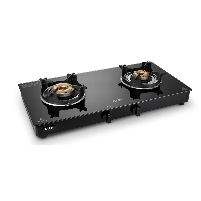 GLEN LPG Stove 1022 GT BB BL HF CPS - 2 Burner Glass Gas Stove with High Flame Brass Burner Crown Pan Supports (CT1022GTBBBLHFCP) - Manual/Auto Ignition