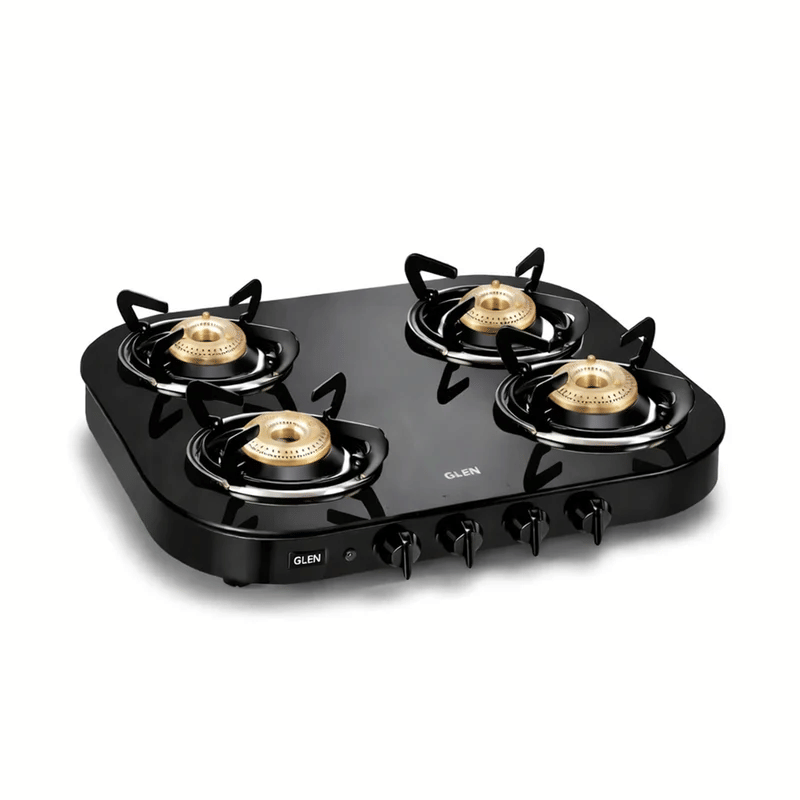 GLEN LPG Stove 1046 GT HF BB AI - 4 Burner Glass Gas Stove 1 High Flame 3 Brass Burner Round Corners (CT1046GT) - Manual/Auto Ignition