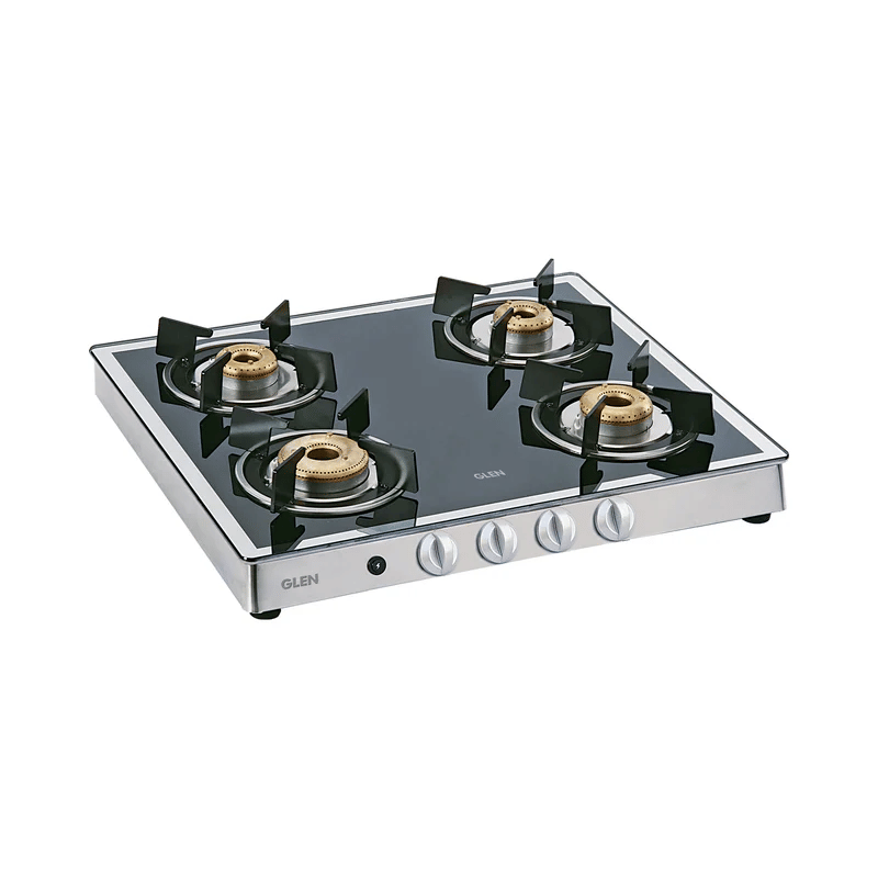 GLEN LPG Stove 1042 GT AI Forged BB Mirror - 4 Burner Glass Gas Stove Mirror Finish 1 High Flame 3 Forged Brass Burner 60 CM (CT1042GTFBM) - Auto Ignition
