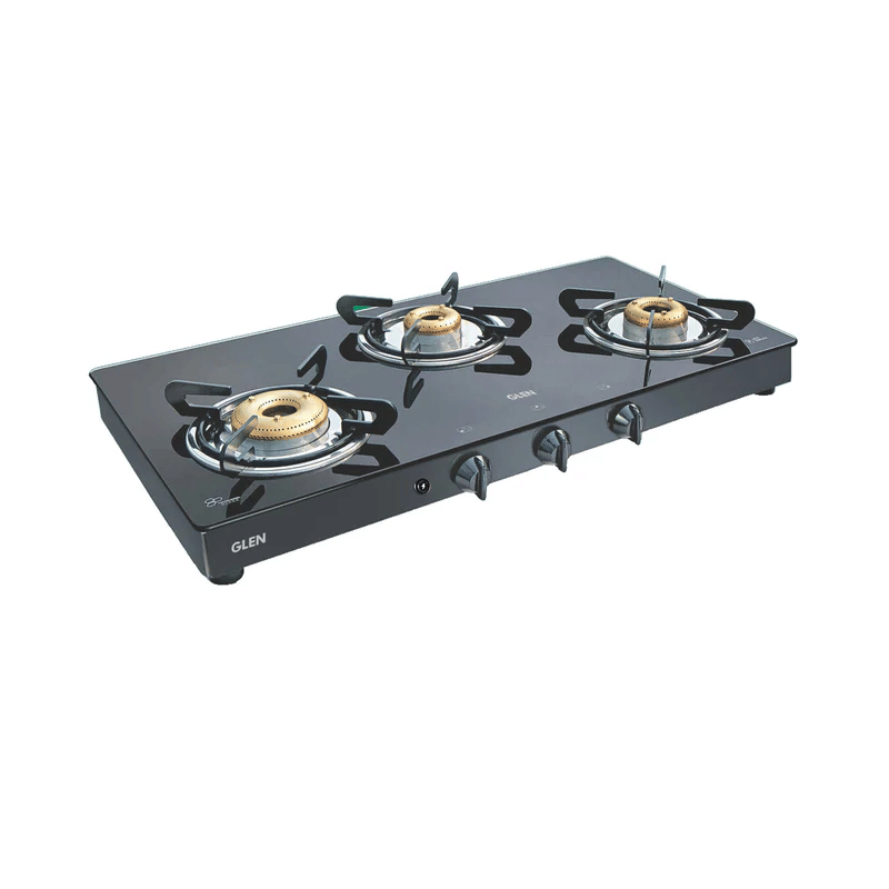 GLEN LPG Stove 1033 GT XL FB DD Black AI - 3 Burner Glass Gas Stove High Flame Forged Brass Burner XL Double Drip Tray Black (CT1033GTXLFBBLDD) - Manual/Auto Ignition