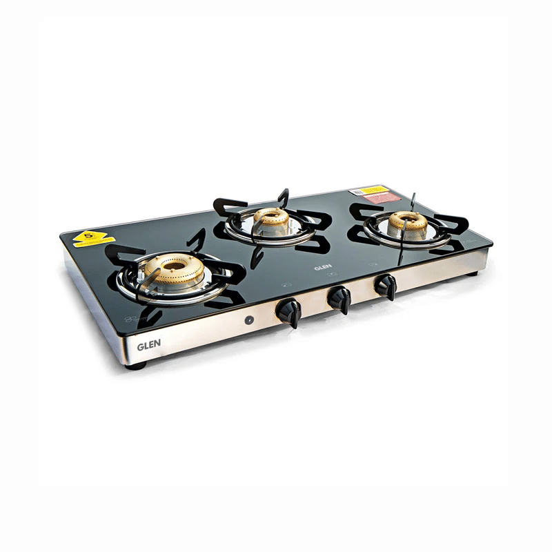 GLEN LPG Stove 1033 GTXLAI Forged BB DripTray - 3 Burner Glass Gas Stove High Flame Forged Brass Burner XL Double Drip Tray (CT1033GTXLFBDD) - Manual/Auto Ignition
