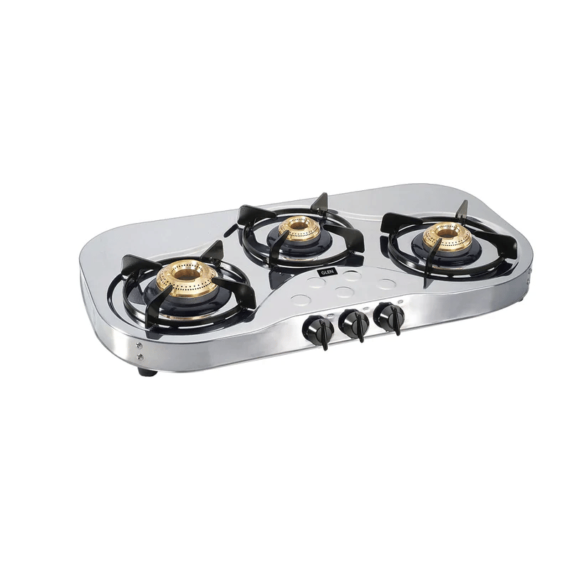 GLEN LPG Stove 1035 SS HF BB - 3 Burner Stainless Steel Gas Stove with High Flame Brass Burner Manual/Auto Ignition