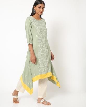 Puff Print A-line Kurta with Dipped Hemline