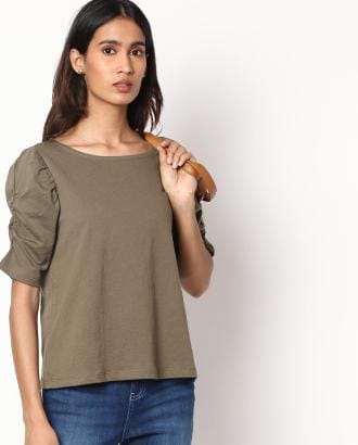 Round-Neck Top with Ruched Sleeves