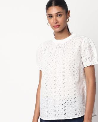 Schiffli Embroidered Top with Puffed Sleeves