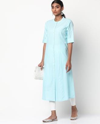 Self-Striped A-line Kurta with Insert Pocket