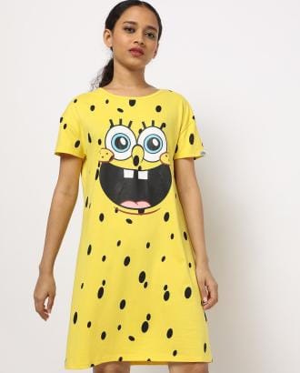 Sponge Bob Print Night Dress with Drop Shoulders