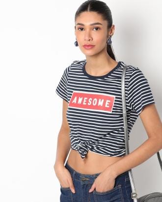 Striped Crew-Neck T-shirt with Typography